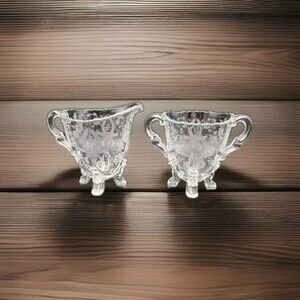 Martinsville Prelude Etched Glass Creamer Sugar Set Vintage - Used